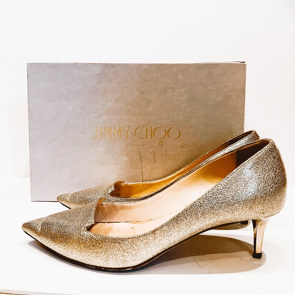 Jimmy Choo gold sparkle kitten heel loafer